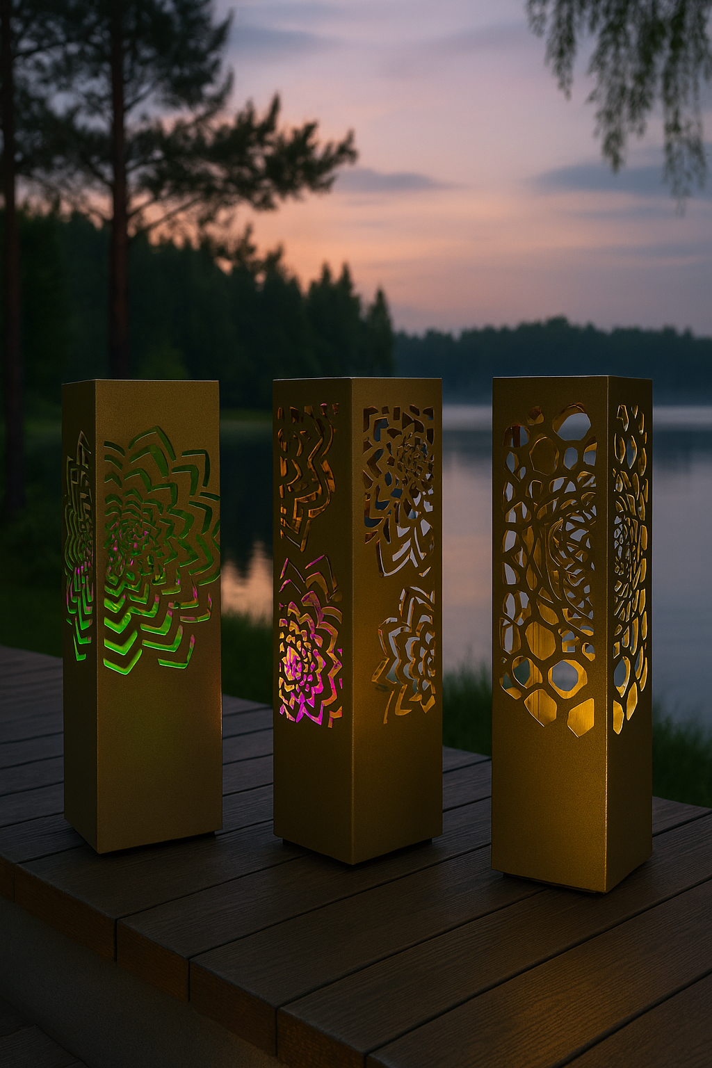 golden LED column lamp metal garden light with laser cut design