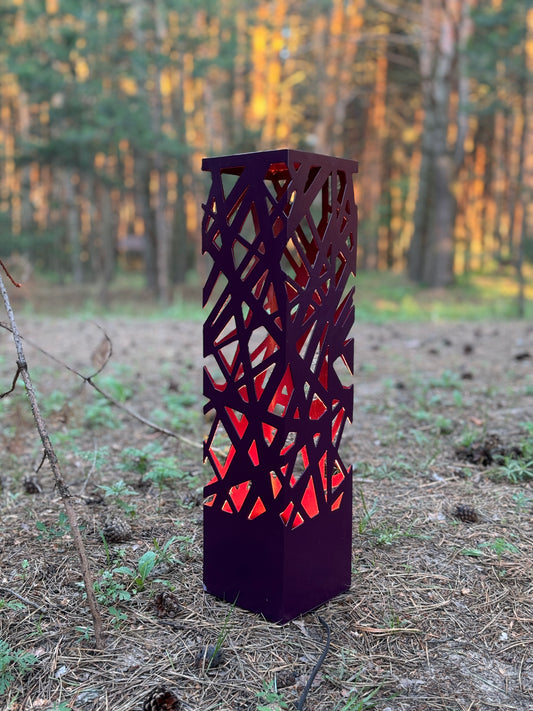 modern metal floor lamp LED column with laser cut decorative pattern