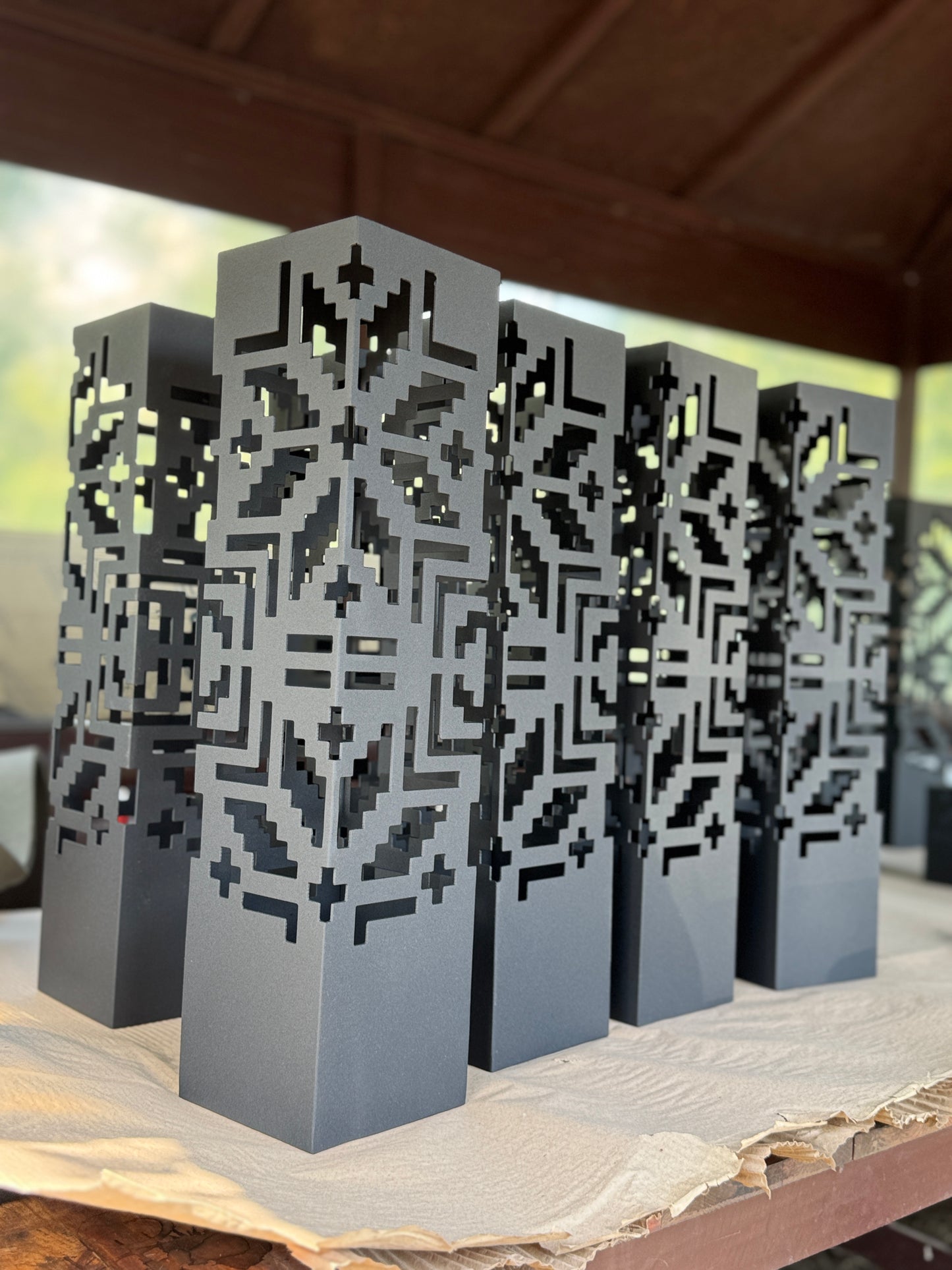 metal garden floor lamp laser cut design with LED illumination