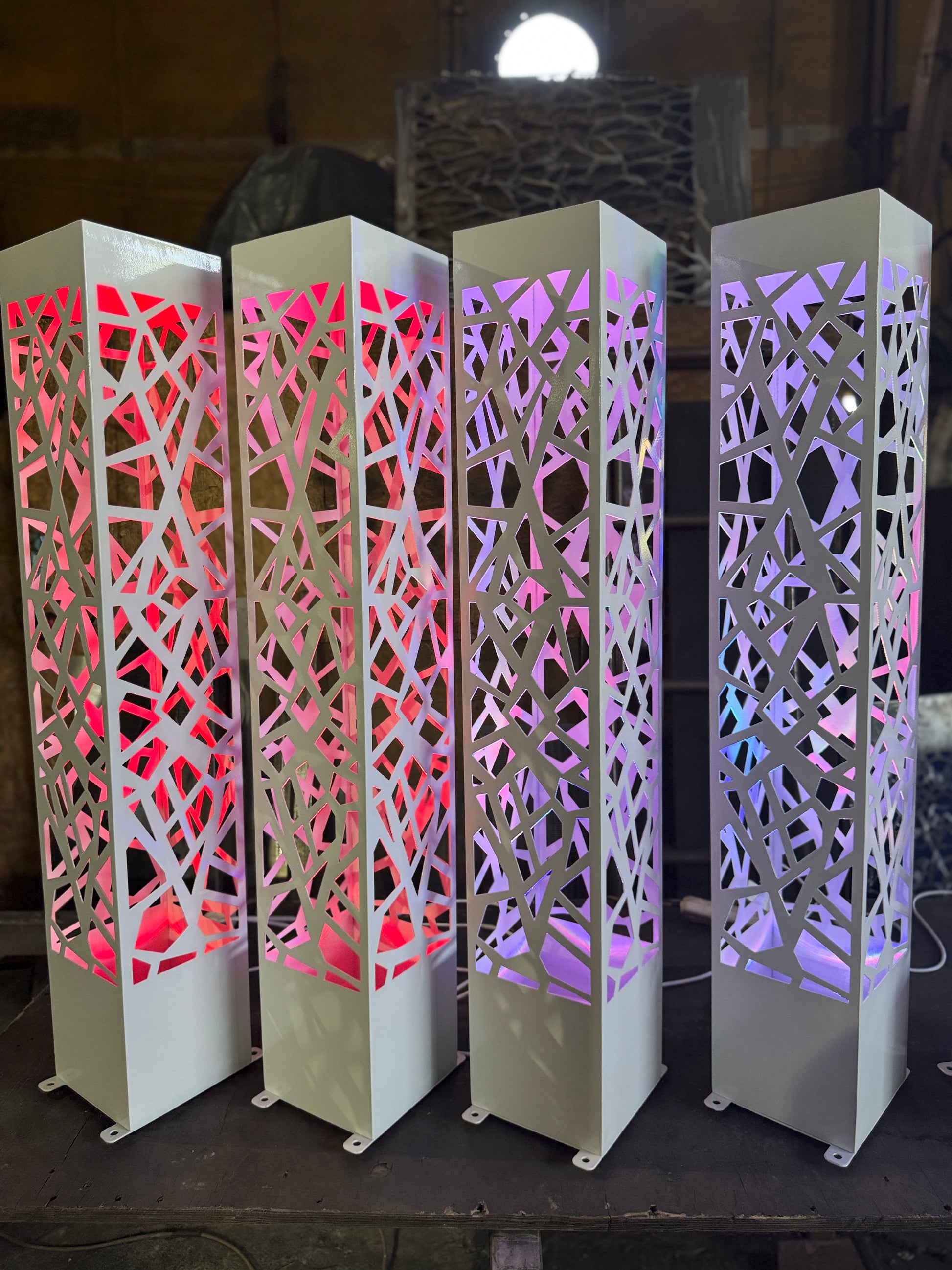 outdoor sculpture lamp metal column LED with ambient glow