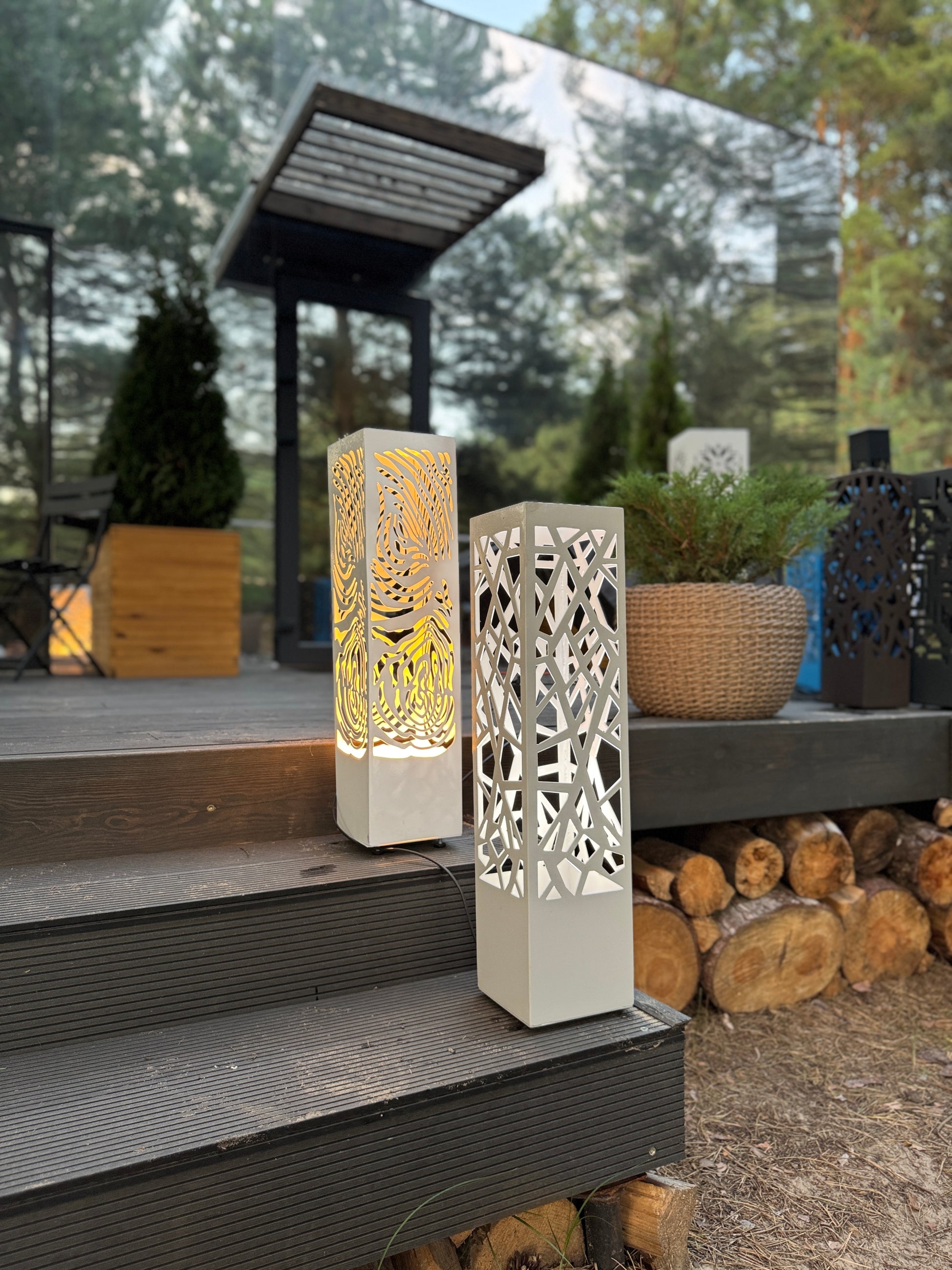 laser cut metal outdoor column light with soft LED illumination