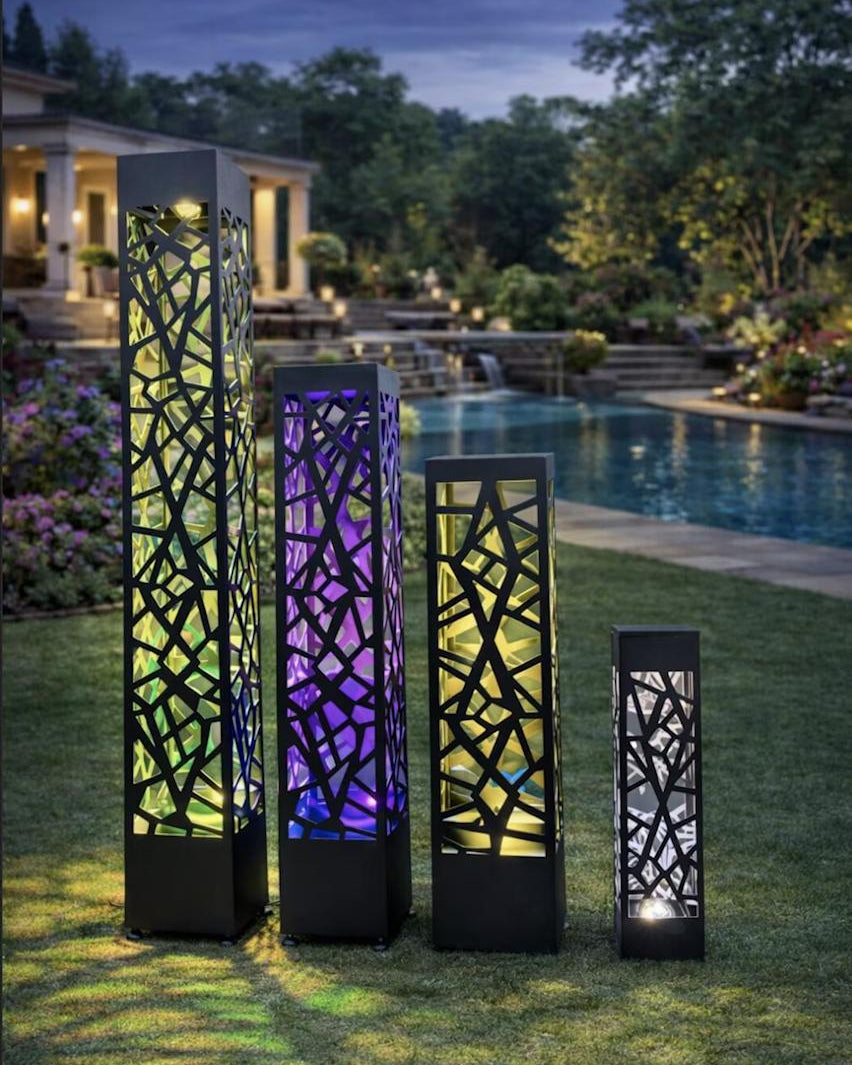 modern LED garden column laser cut metal outdoor sculpture light
