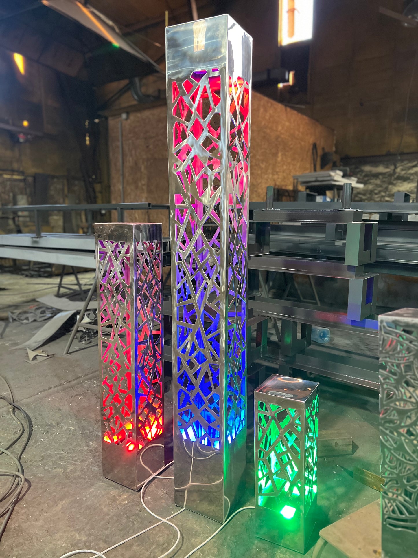 modern garden floor lamp stainless steel column with ambient LED glow